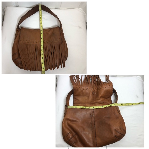 Gianni Bini Brown Leather Vintage Studded Hobo Magnetic Closure Fringe Bag Purse - Picture 13 of 16